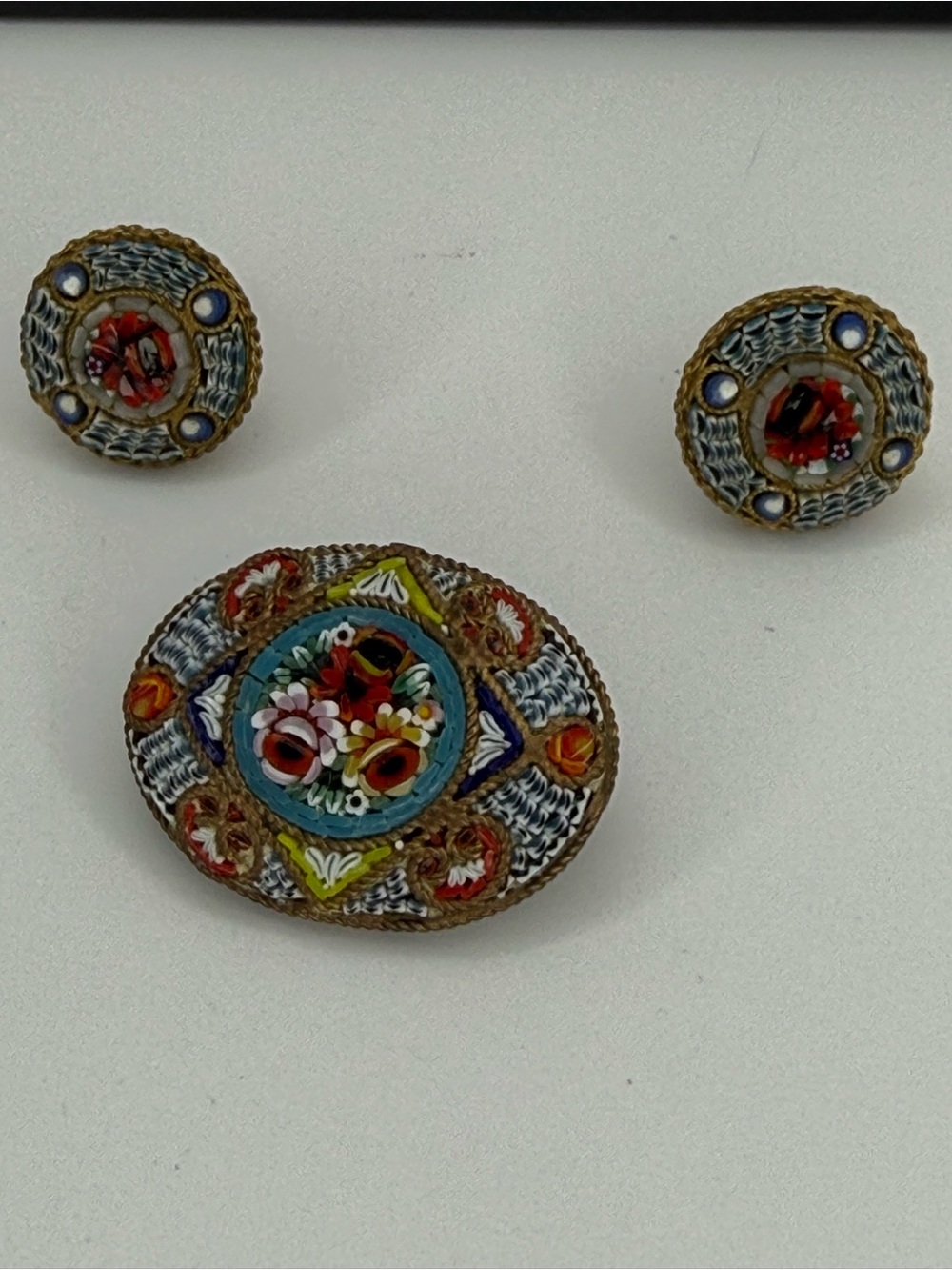 Vintage Micro Mosaic Floral Brooch and Earring Set - Multicolor